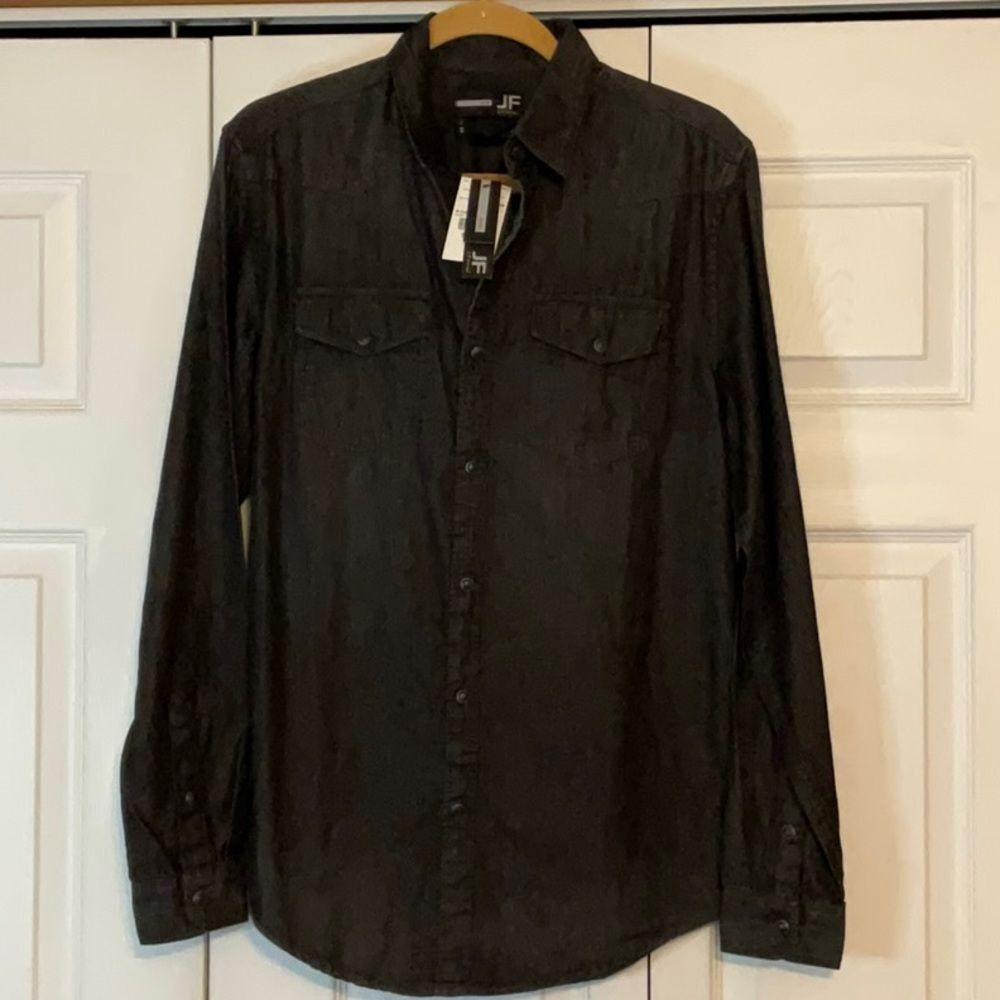 J. Ferrar Black Cotton Denim Look Cotton Button Up Down Shirt Small New